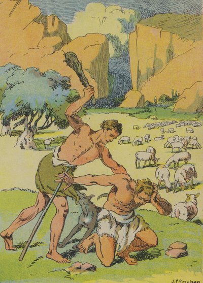 アベルを殺害するカイン（カラーリトグラフ） 作： Joseph Porphyre Pinchon