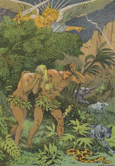 アダムとイブのエデンの園からの追放（カラーリトグラフ） 作： Joseph Porphyre Pinchon