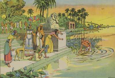 茂みの中で発見されるモーゼ（カラーリトグラフ） 作： Joseph Porphyre Pinchon