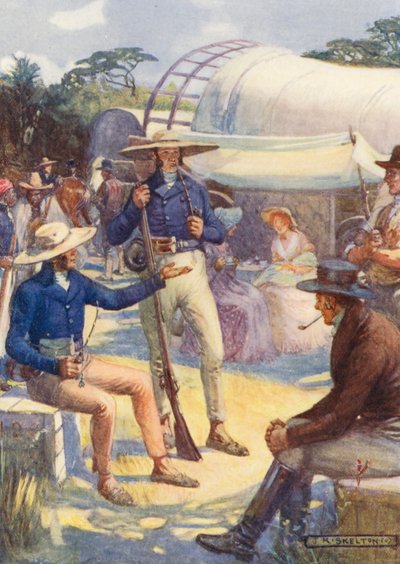 1820年入植者とボーア人の護送船団（カラーリトグラフ） 作： Joseph Ratcliffe (after) Skelton