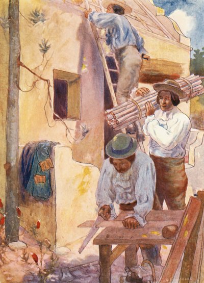 ユグノー教徒が家を建てる様子（カラーリトグラフ） 作： Joseph Ratcliffe (after) Skelton