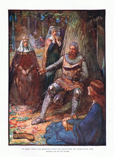 彼らが夜景を囲んで集まった夜、王は古い本から物語を読みました。1910 作： Joseph Ratcliffe Skelton