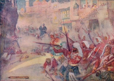 英国の兵士たちは通りを通って彼らの道を戦っているのを見られました、1908、c1920。 作： Joseph Ratcliffe Skelton