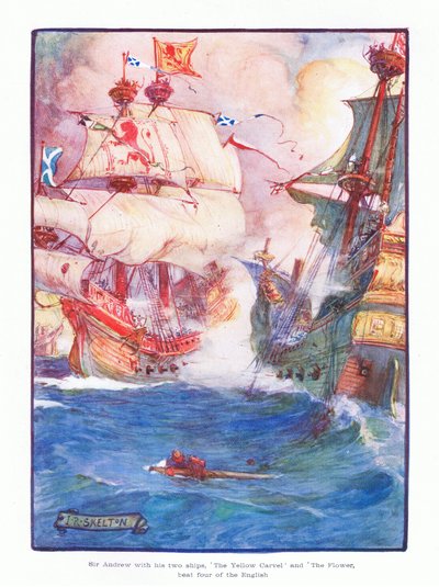 アンドリュー卿と彼の2隻の船、イエローカーベルとフラワーは1910年に5隻のイギリス艦を打ち負かしました。 作： Joseph Ratcliffe Skelton