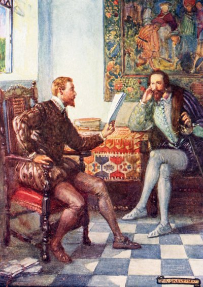 フェアリークイーンの最初の部分をローリーに読んでいるスペンサー 作： Joseph Ratcliffe Skelton
