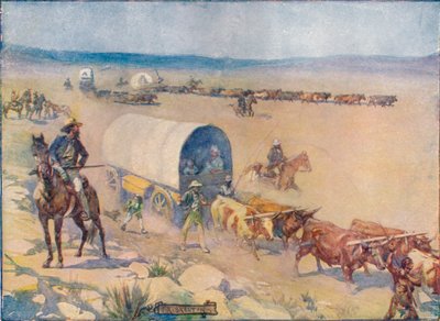 Bullock-Waggonsは、Billowy Plains、c1908、c1920の上でゆっくりと巻きました。 作： Joseph Ratcliffe Skelton