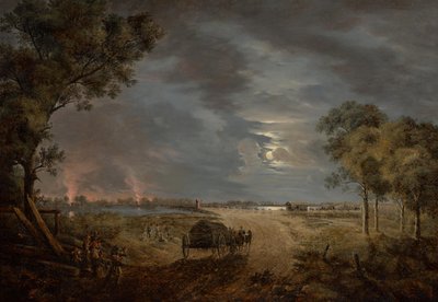 ロバウに入るフランス軍の横断橋の眺め（月明かりのある夜の作品） 作： Joseph Rebell