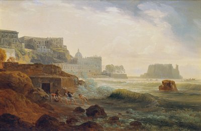 城と漁師が網を引くナポリ近くの海岸 作： Joseph Rebell