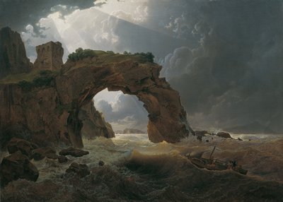 ミリスコラ近くのアルコ・ディ・ミゼノの海の嵐とニシダの景色 作： Joseph Rebell