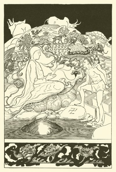 長老マジシャンが男とその娘に話しかけている間に逃げ出すカニのパウアンマ（彫刻 作： Joseph Rudyard (after) Kipling