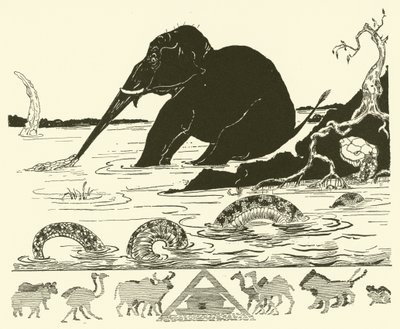 クロコダイルに鼻を引っ張られる象の子 (エングレーヴィング) 作： Joseph Rudyard (after) Kipling