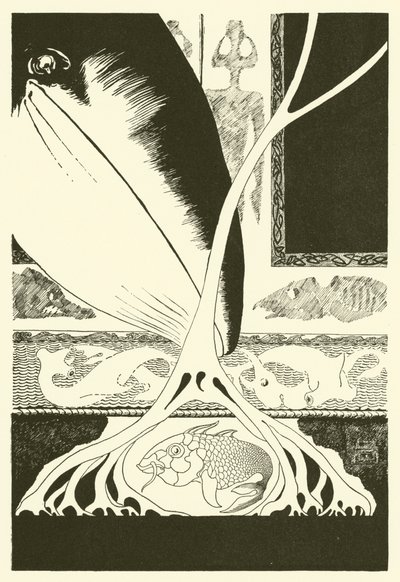 小さな "Stute Fish "を見つめるクジラ（エングレービング 作： Joseph Rudyard (after) Kipling