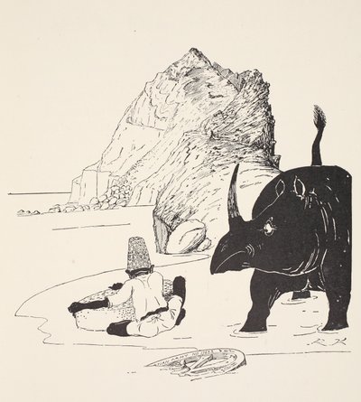 無人島でケーキを食べ始めたパーシー。イラストは、パブのRudyard Kiplingによる「Just So Stories for Little Children」から。ロンドン、1951 作： Joseph Rudyard Kipling