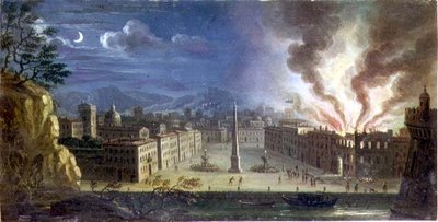 夜になると建物が燃えるイタリア風港町の広場 作： Joseph Ruiz
