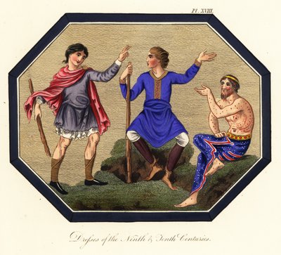 アングロサクソンの男性用衣装、9世紀と10世紀、1853年（彫刻） 作： Joseph Strutt