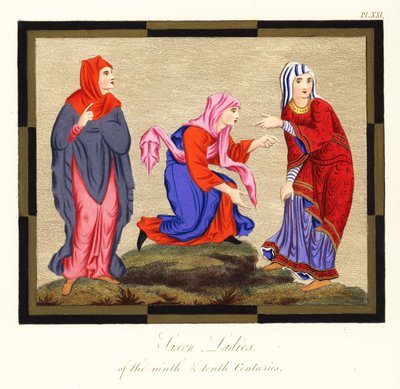 アングロサクソンの女性の衣装、9世紀と10世紀、1854年（彫刻） 作： Joseph Strutt