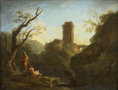 フランス語：木と2人の男のいる風景、背景は塔 作： Joseph Vernet