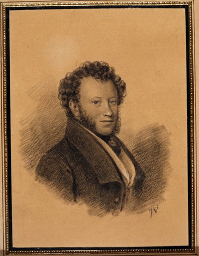 作家アレクサンドル・パウチキン (1799-1837) の肖像 - ジョセフ・ヴィヴィアン (1793-1852) の作品、紙に鉛筆と水彩 作： Joseph Vivien