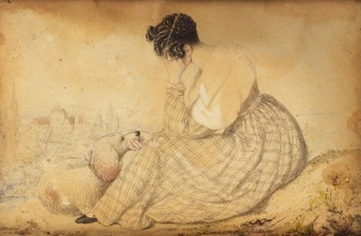 犬を連れた喪服姿の女性とウィーンの景色が描かれたペーパーウェイト 作： Joseph Weidner