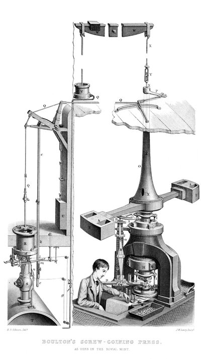 ロイヤルミントで使用された、ブルトンスクリューコイニングプレス、1866。 作： Joseph Wilson Lowry