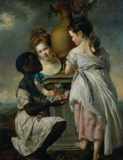 女の子、または黒人の召使いと二人の女の子の間の会話、1770 作： Joseph Wright of Derby