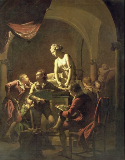 ランプライトによるアカデミー、c.1768-69（キャンバスに油彩） 作： Joseph Wright of Derby