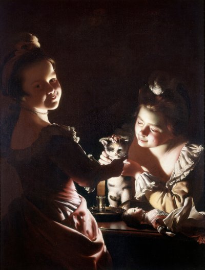 子猫のドレッシング、1768〜70年頃（キャンバスに油彩） 作： Joseph Wright of Derby