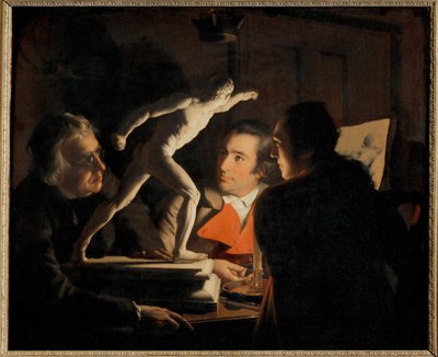 ろうそくの明かりの中、3人の男が小さな...（キャンバスに描かれた絵） 作： Joseph Wright of Derby