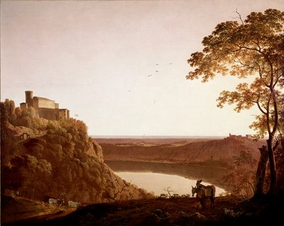 夕暮れのネミ湖の眺め ダービーのジョセフ・ライト・ディット・ライト（1734-1797）による絵画 作： Joseph Wright of Derby