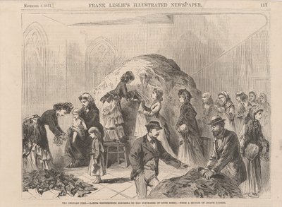 シカゴの火：男女両方の患者に服を配布する女性、フランクレスリーイラストレイテッド新聞のイラスト、1871年 作： Joseph after Becker