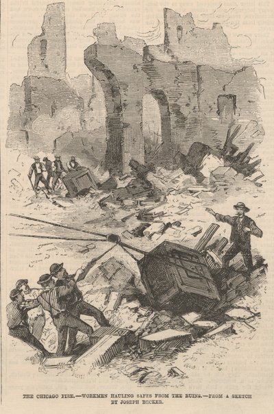 廃墟から金庫を運ぶ労働者、フランクレスリーイラストレイテッド新聞のイラスト、1871年 作： Joseph after Becker