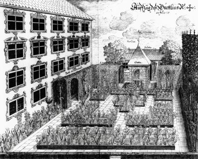 Jonas Arnold（1600-69）によって彫刻されたArchitectura Privataのウルムのフルッテンバッハス庭園のデザイン、1641年発行 作： Joseph after Furttenbach