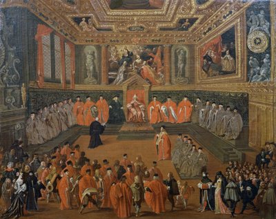 ジョセフ・ハインツ・ヤンガー (ca 1600-1678) の絵画、ヴェネツィアの公爵宮殿の評議会ホールでの総督の公聴会 作： Joseph the younger Heintz