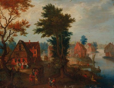 村のそばのボートと馬車のある川の風景 作： Joseph van Bredael