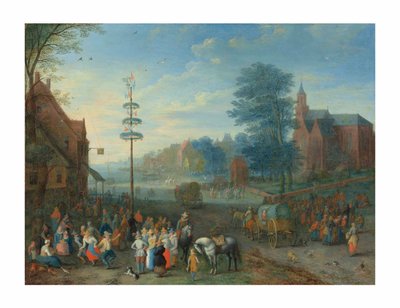 五月柱の周りで踊る人物がいる村のカーメッセ（銅の油） 作： Joseph van Bredael