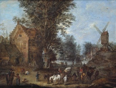 旅人や荷馬車夫、その他多くの人物が日常生活を営む村の風景 作： Joseph van Bredael