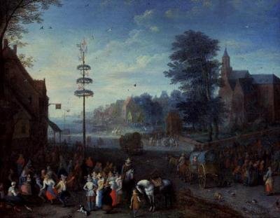 メイポールを囲んで踊る村人と道を行く旅人のいる村のケルメス 作： Joseph van Bredael