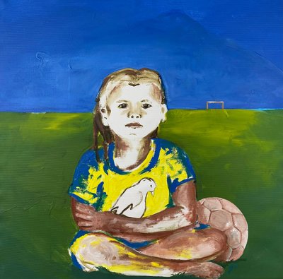 Mädchen mit Taube (Girl with Dove), 2022 (キャンバスにアクリル絵の具) 作： Josephine Henning