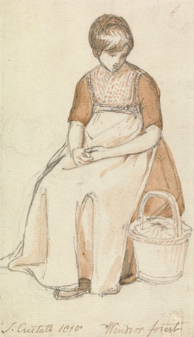 かごを持って座っている女の子 作： Joshua Cristall