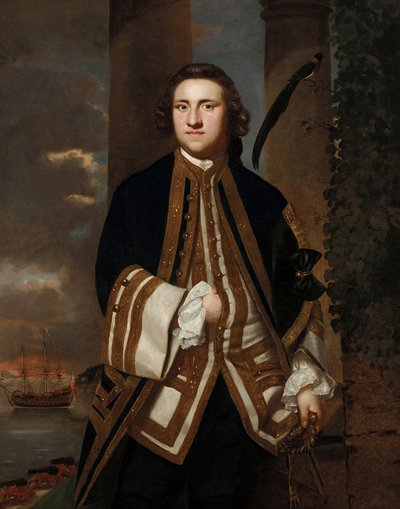 ジョージ・エッジカム船長（1720～1795年）の肖像。背景は「ソールズベリー」号。 作： Joshua Reynolds