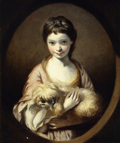 犬を抱いたピンクと白のドレスを着たミスエミリアヴァンシタートの肖像、ハーフレングス、1767-68年 作： Joshua Reynolds