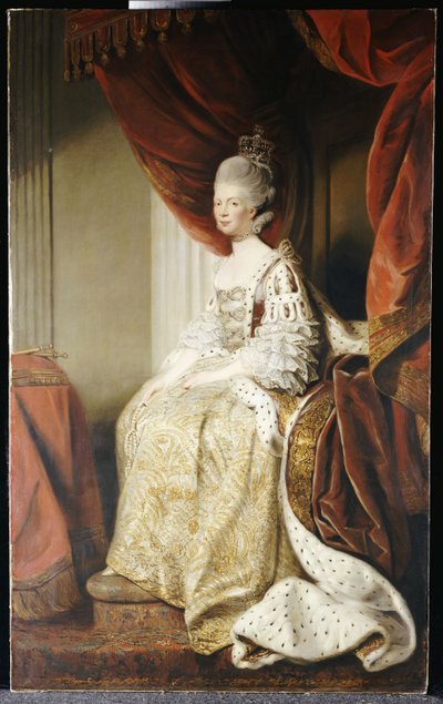 シャーロット女王の肖像画、全身、国のローブに着席 作： Joshua Reynolds