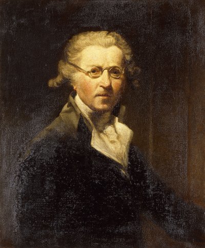 眼鏡をかけたオリーブグリーンのコートを着たアーティストのハーフレングスの肖像画、 作： Joshua Reynolds