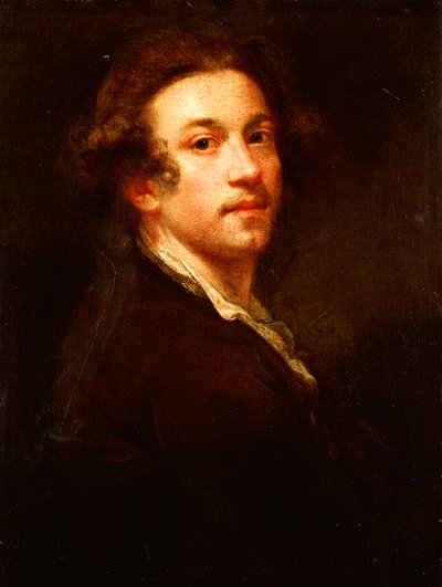 自画像、半身、肩越しに見た茶色のコートと白いシャツ、c.1750-52 作： Joshua Reynolds