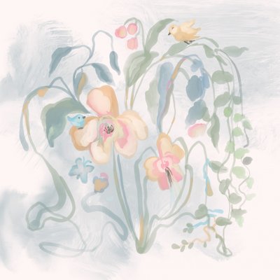 パステルカラーの花に囲まれた鳥たち 作： 