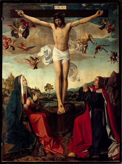 Calvary（カルバリー）。十字架の下に聖母マリアと聖ヨハネがいる磔刑。十字架の上には「INRI」の碑文。サン・セバスチャンの巨匠、ジョゼ・リーフェリンゼ（1493〜1505年活躍）の絵画 作： Josse (fl.1493 1508) Lieferinxe