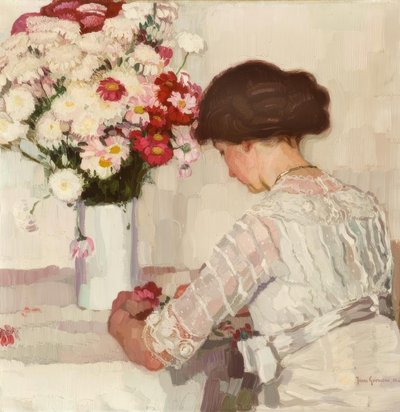 J.グーセン、考えて（花と白の女性） 作： Josse Goossens
