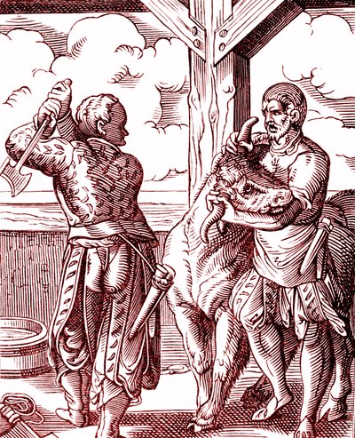 肉屋 - 中世の食と料理。ヨスト・アンマン（1539-1591）のエングレーヴィング。1878年 作： Jost (after) Amman