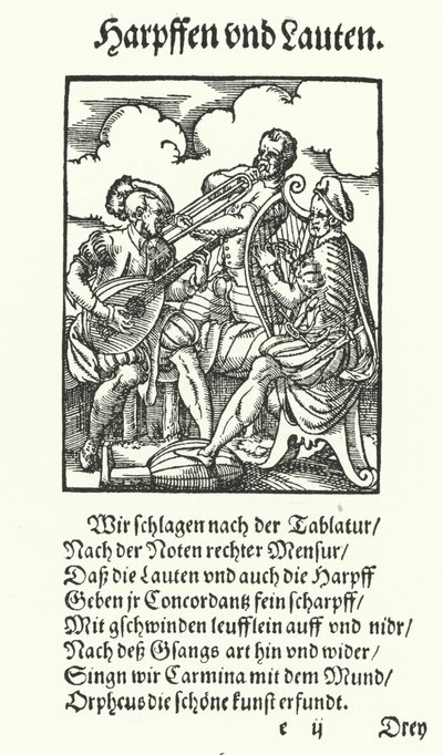 ハープ奏者とリュート奏者（彫刻 作： Jost (after) Amman