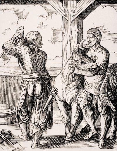 The Butcher and his Assistant、1847 年に出版された Paul Lacroix (1806-84) の「Le Moyen Age et La Renaissance」からの Jost Amman (1539-91) による 16 世紀の彫刻の複製 (リソ) 作： Jost (after) Amman